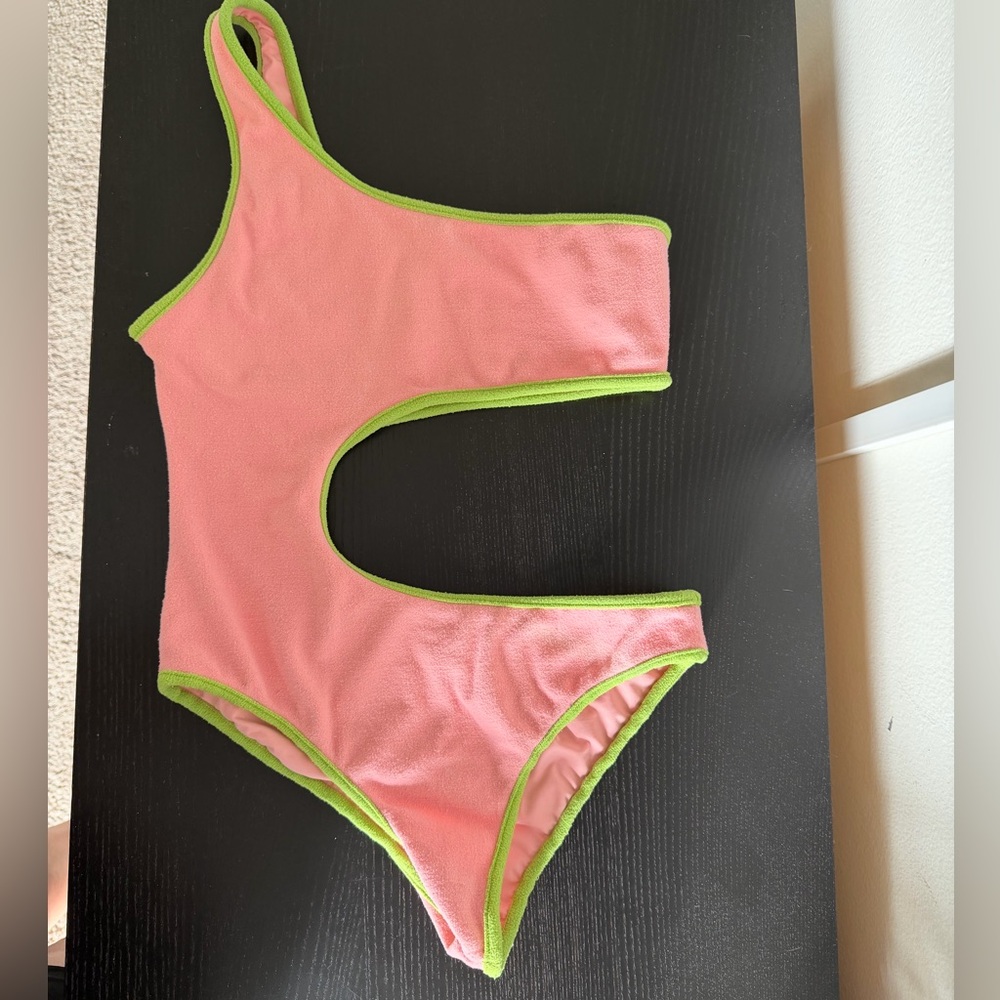 Frankie’s Bikinis Cutout Pink/Green Cash Terry One Piece Swimsuit size Medium - Picture 4 of 7